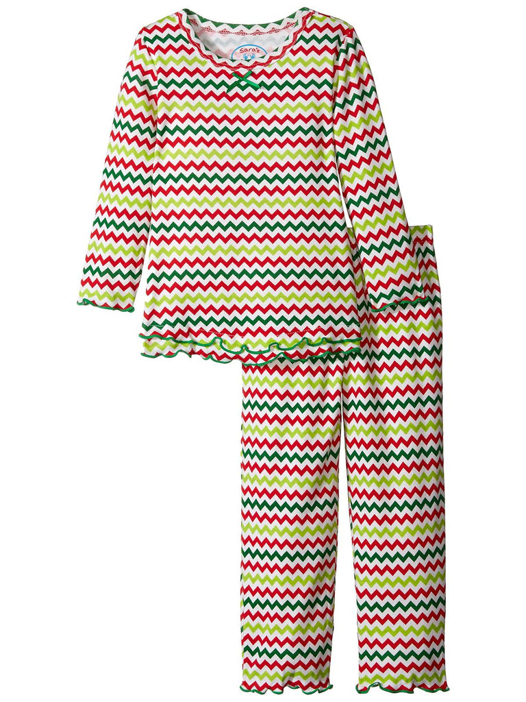 Saras Prints Little Girls Holiday Mini Chevron Ruffle 2-Piece Pajama Set