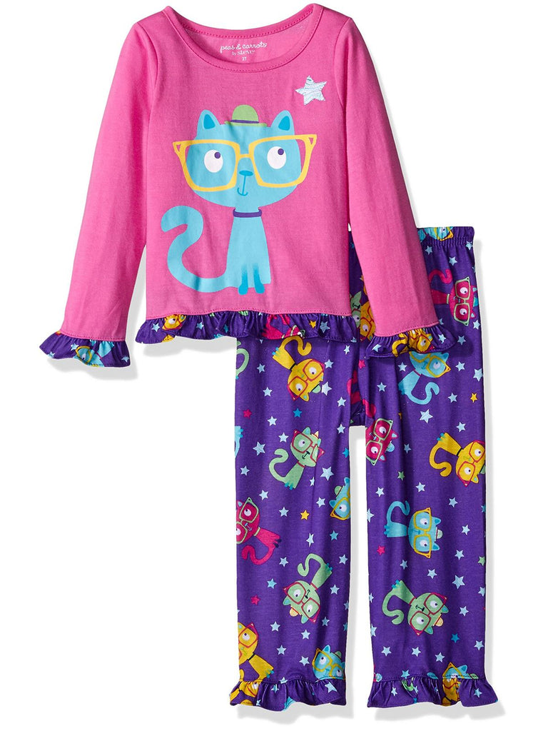 Komar Kids Girls' "Smarty Cat with Glasses" 2 Piece Ruffled Pajama Set