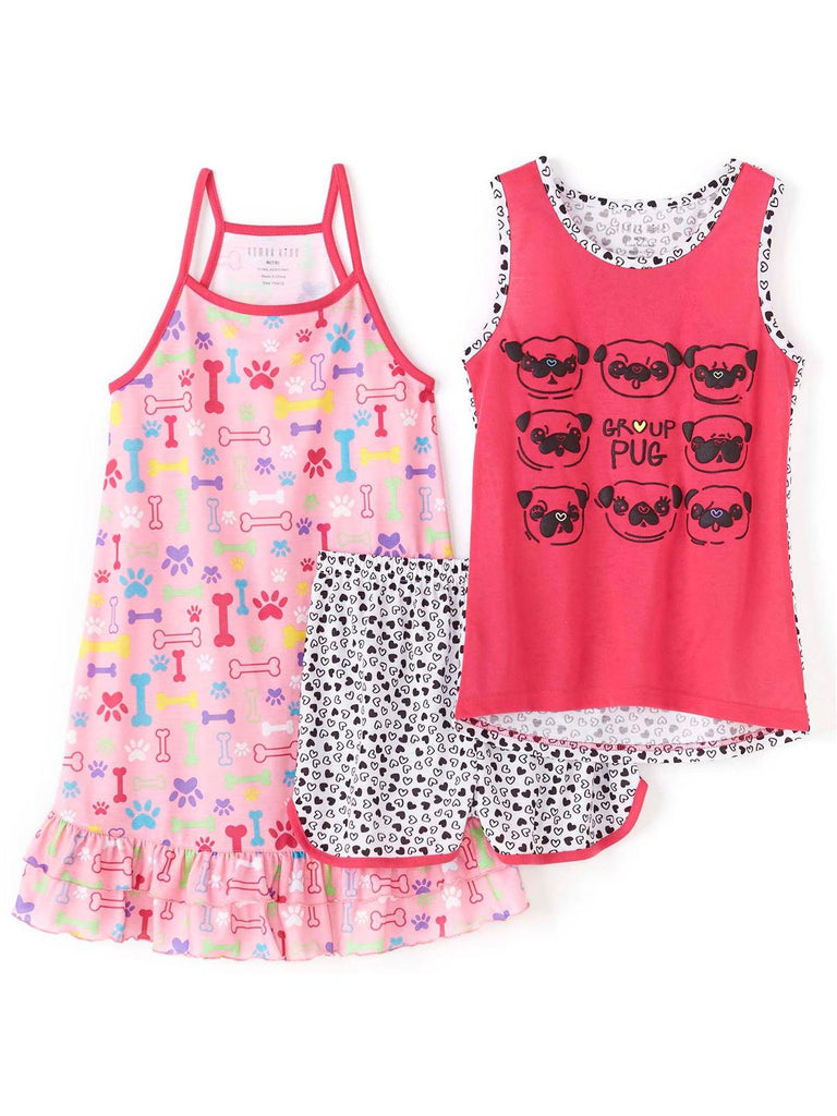Girls' 3-Piece Group Pug Nightgown  And Short Set Pajama