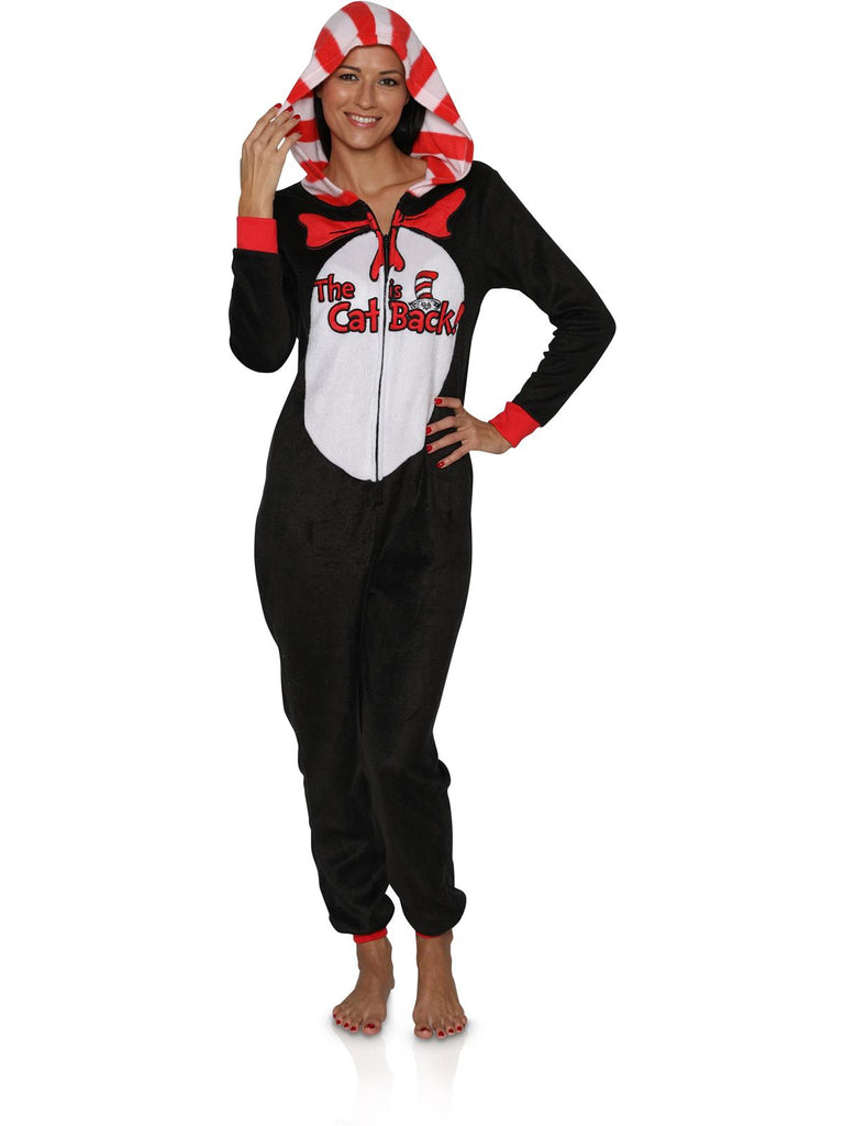 Dr.Seuss Womens Cat is Back Pajama Hooded Onesie - Cat in the Hat