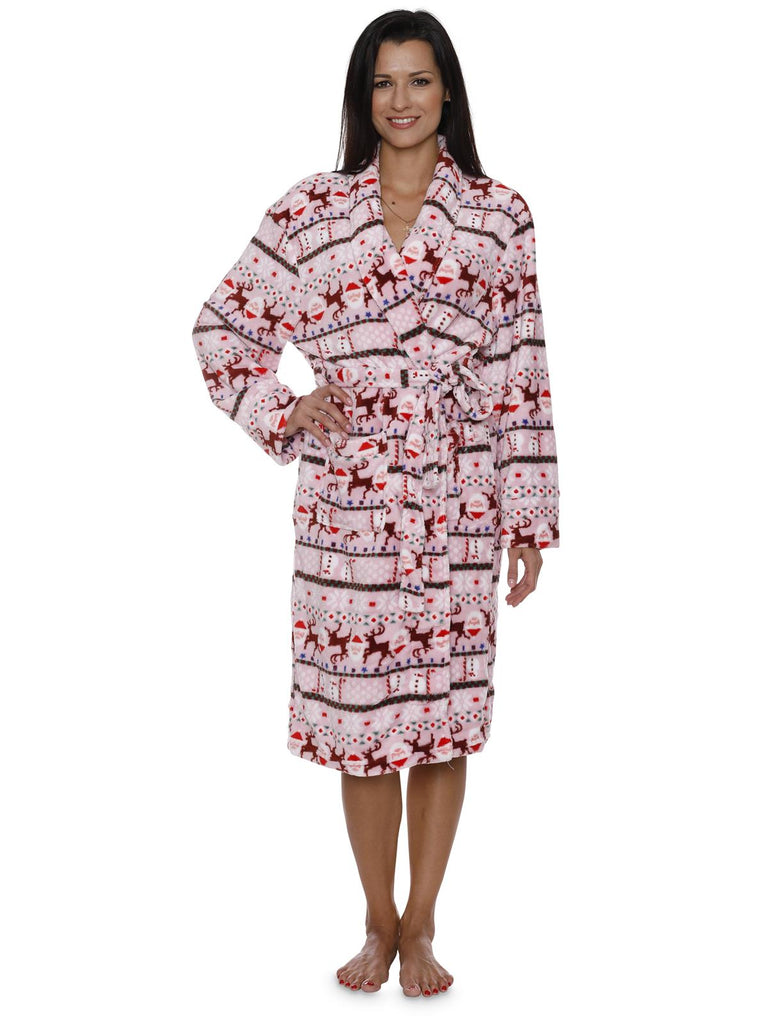 Intimo Women's Plush Fleece Robe Reindeer Holiday Long Bathrobe