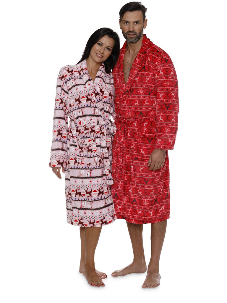 Intimo Women's Plush Fleece Robe Reindeer Holiday Long Bathrobe