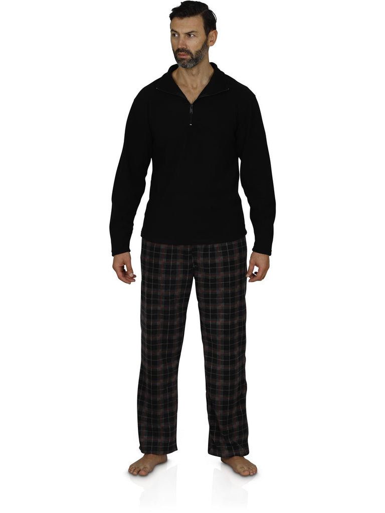 Intimo Men's Long Sleeve Solid Quarter Zip Microfleece Top and Microfleece Plaid Pant, Black