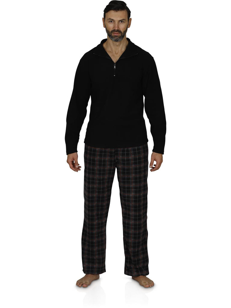 Intimo Men's Long Sleeve Solid Quarter Zip Microfleece Top and Microfleece Plaid Pant, Black
