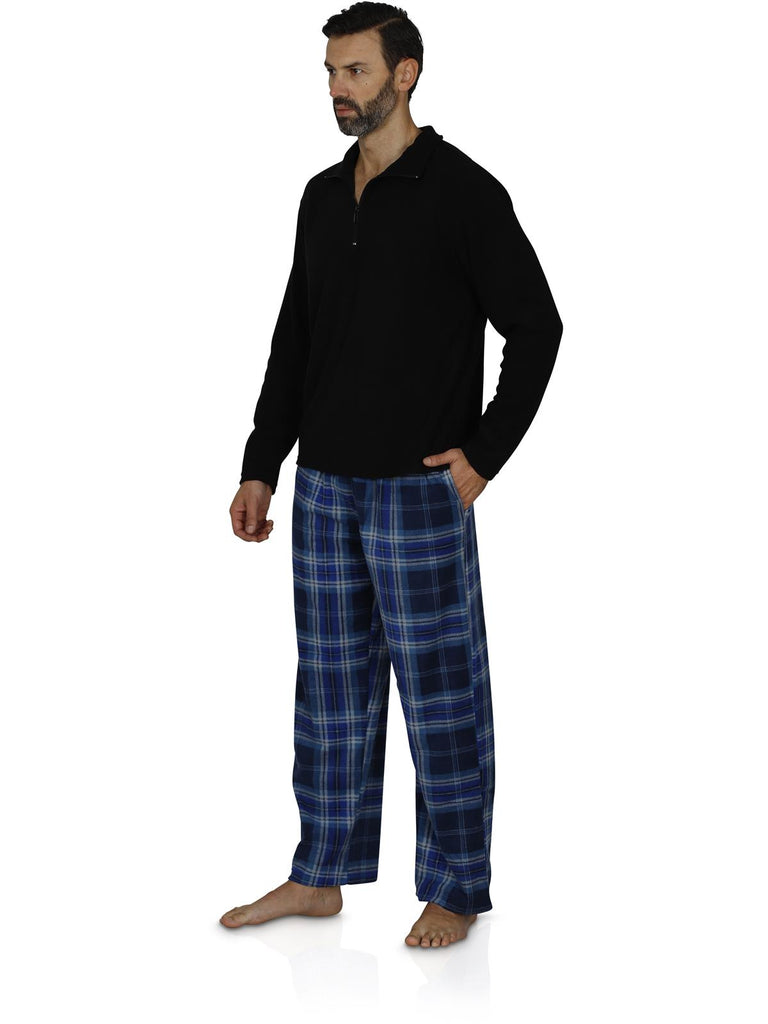 Intimo Men's Long Sleeve Solid Quarter Zip Microfleece Top and Microfleece Plaid Pant, Blue