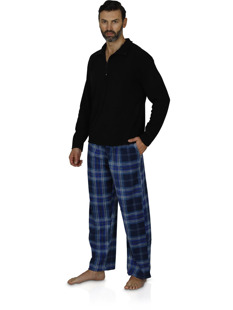 Intimo Men's Long Sleeve Solid Quarter Zip Microfleece Top and Microfleece Plaid Pant, Blue