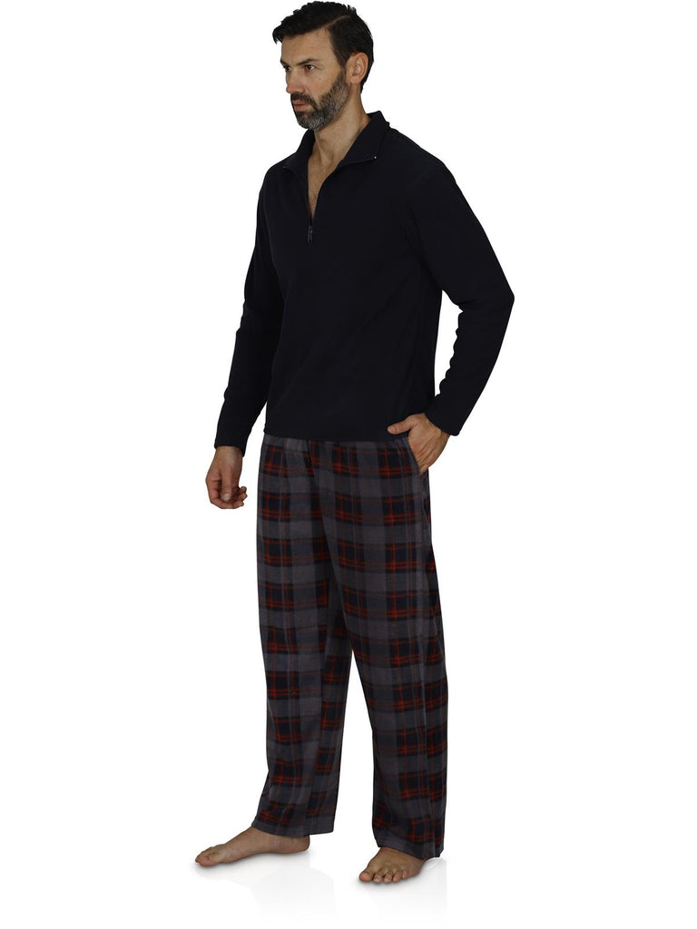 Intimo Men's Long Sleeve Solid Quarter Zip Microfleece Top and Microfleece Plaid Pant, Red