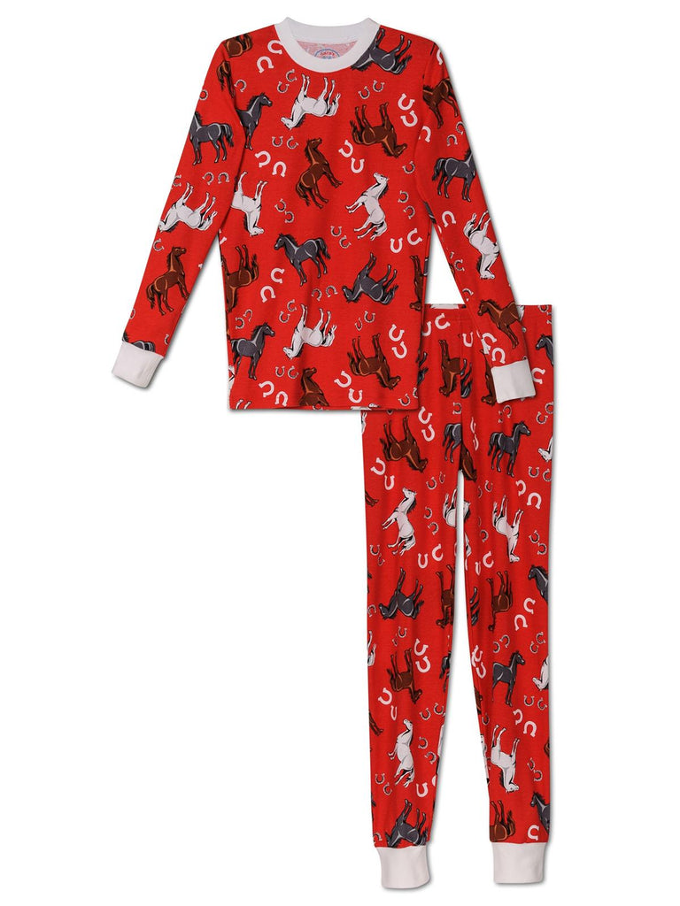 Sara's Prints Horse & Horseshoe Long John Pajama Set, Red
