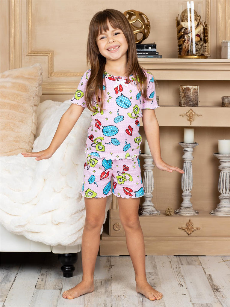 Sara's Prints Little Girls' Call Me Fitted 2 Piece Short Pajama Set, 