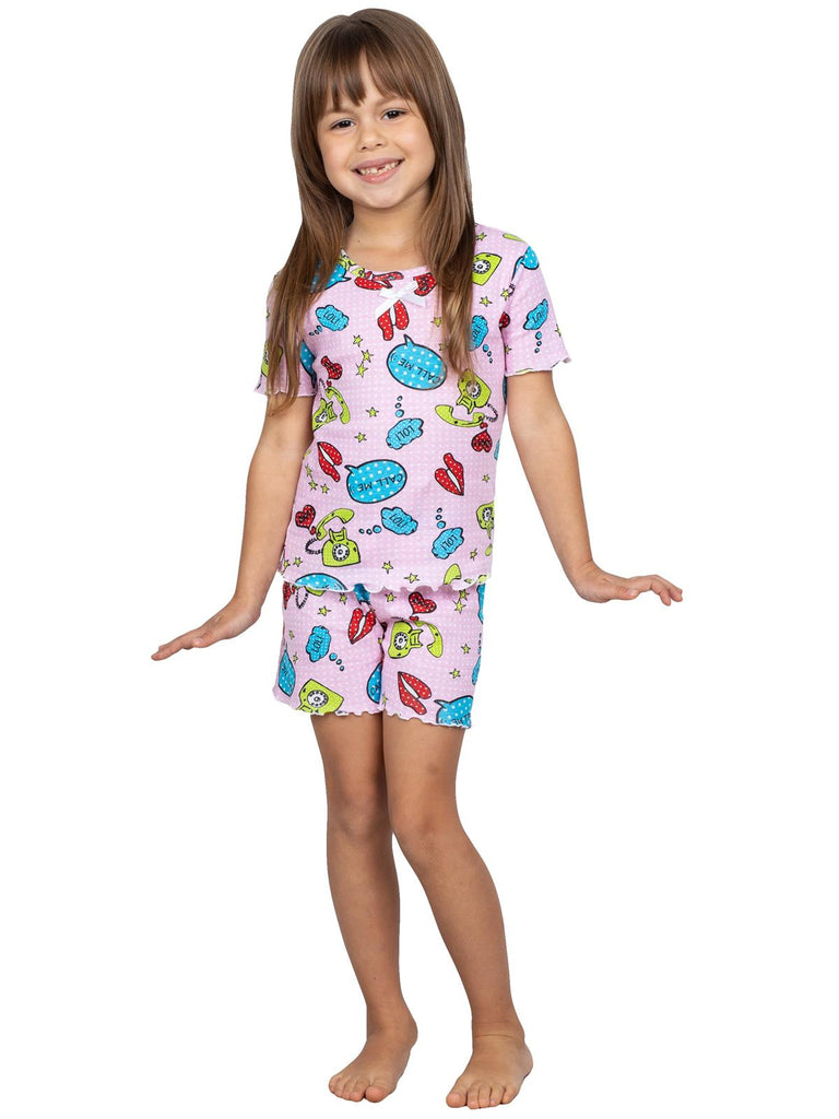 Sara's Prints Little Girls' Call Me Fitted 2 Piece Short Pajama Set, 