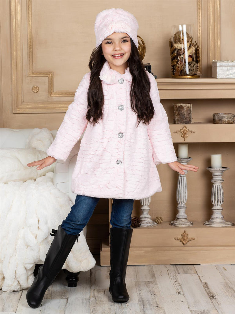 Widgeon Girls Faux Fur Coat with Sparkle Buttons and Hat Set Pink