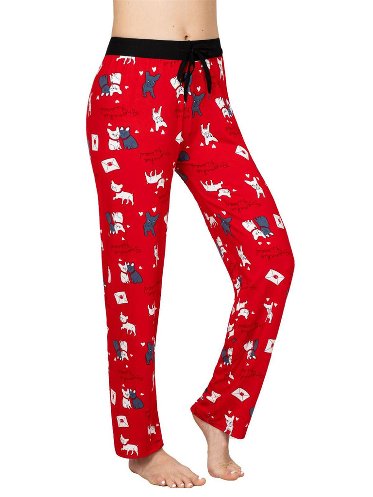 Victoria Womens Pajama Lounge Pant Red Frenchie Kisses Heart Print