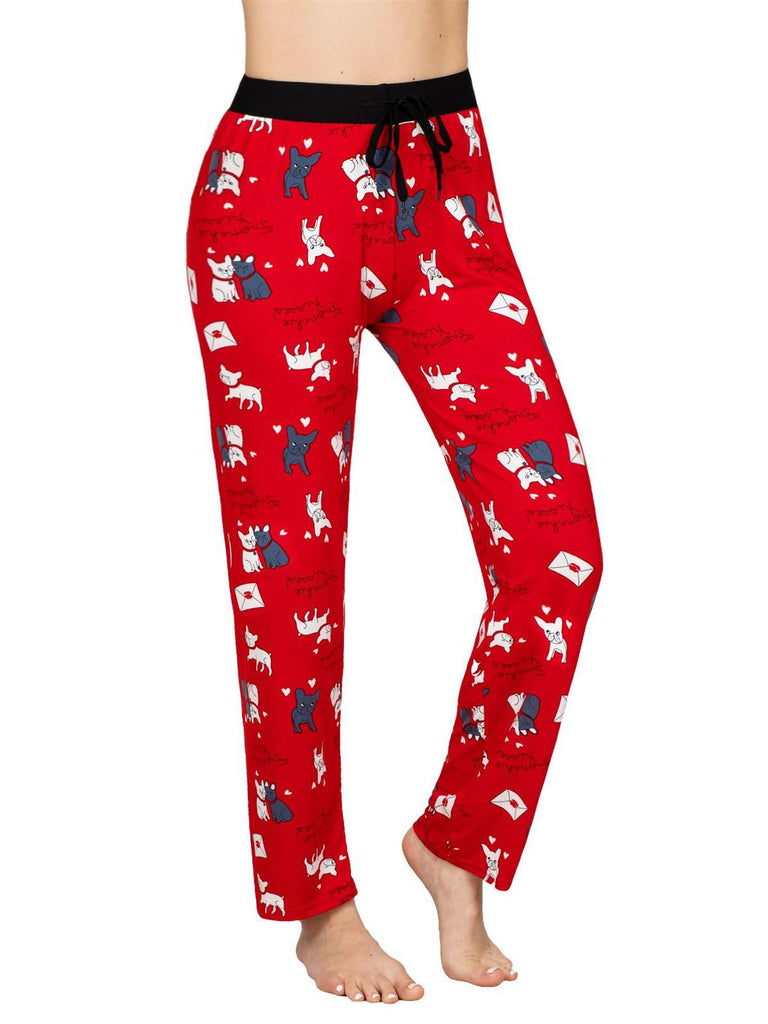 Victoria Womens Pajama Lounge Pant Red Frenchie Kisses Heart Print