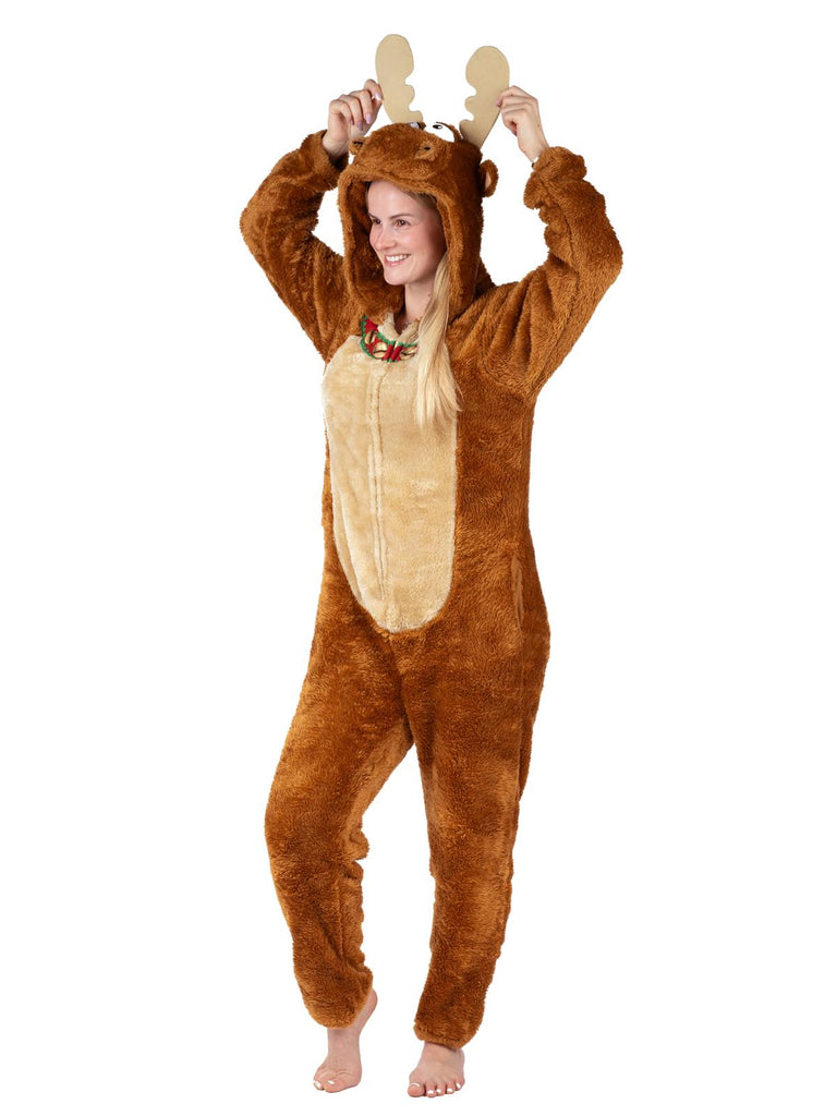 Men's Moose Faux Fur Christmas Pajama Union Suit One Piece