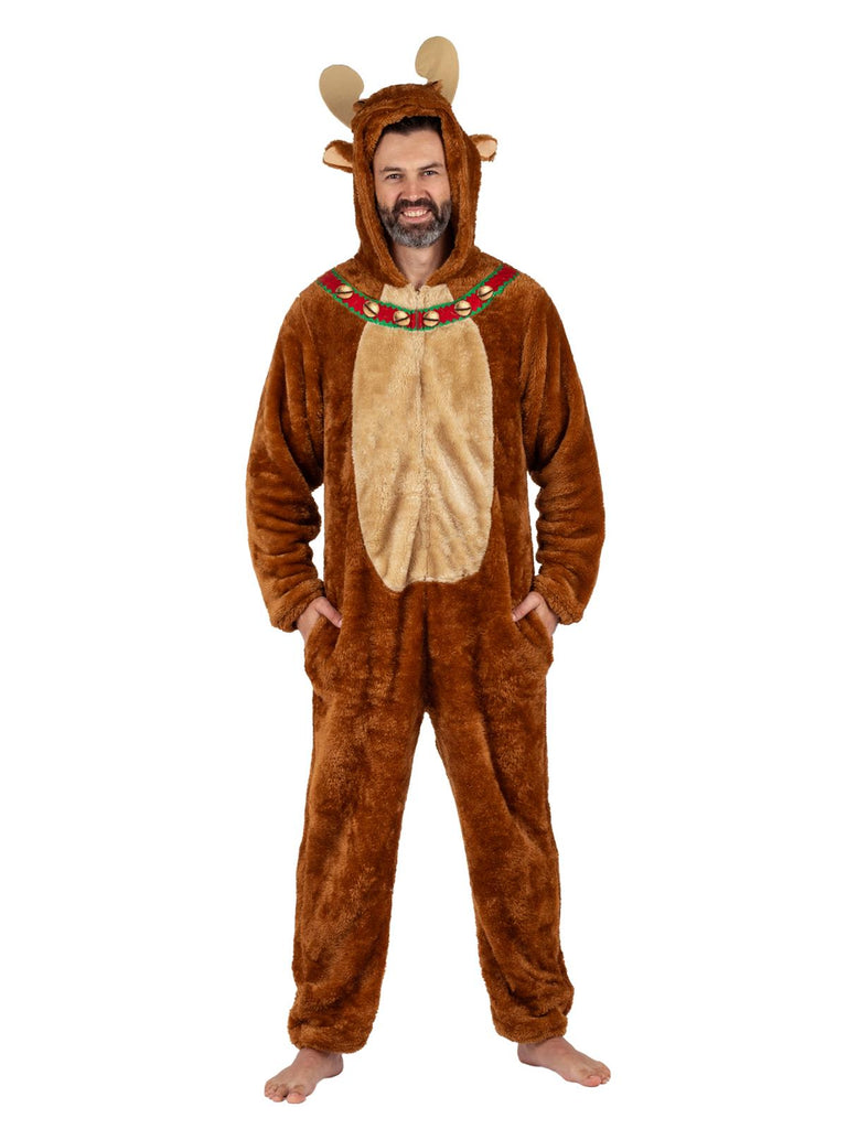 Men's Moose Faux Fur Christmas Pajama Union Suit One Piece