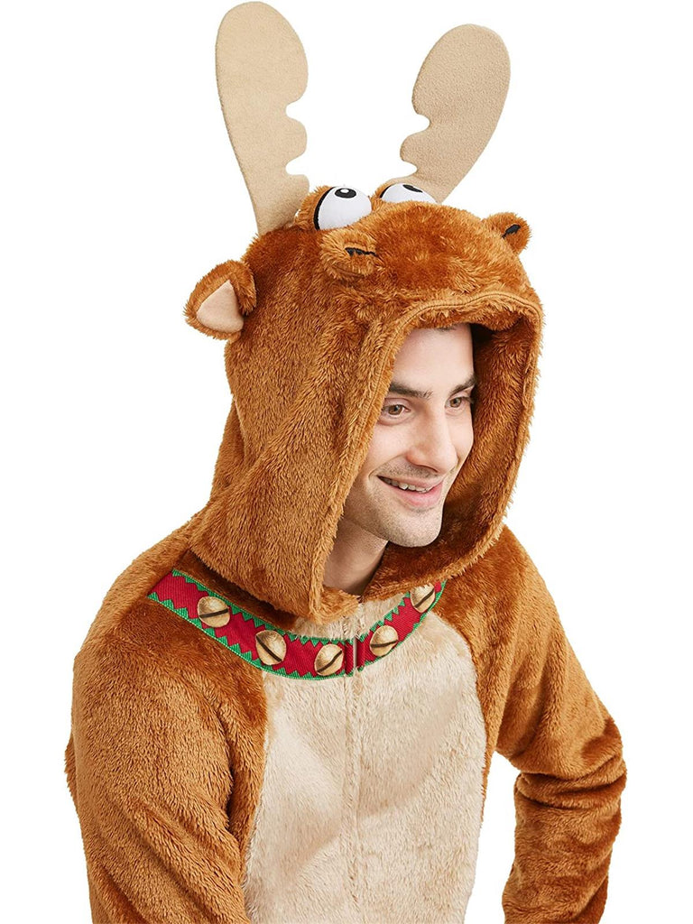 Men's Moose Faux Fur Christmas Pajama Union Suit One Piece