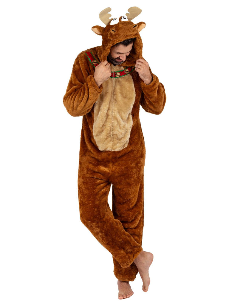 Men's Moose Faux Fur Christmas Pajama Union Suit One Piece