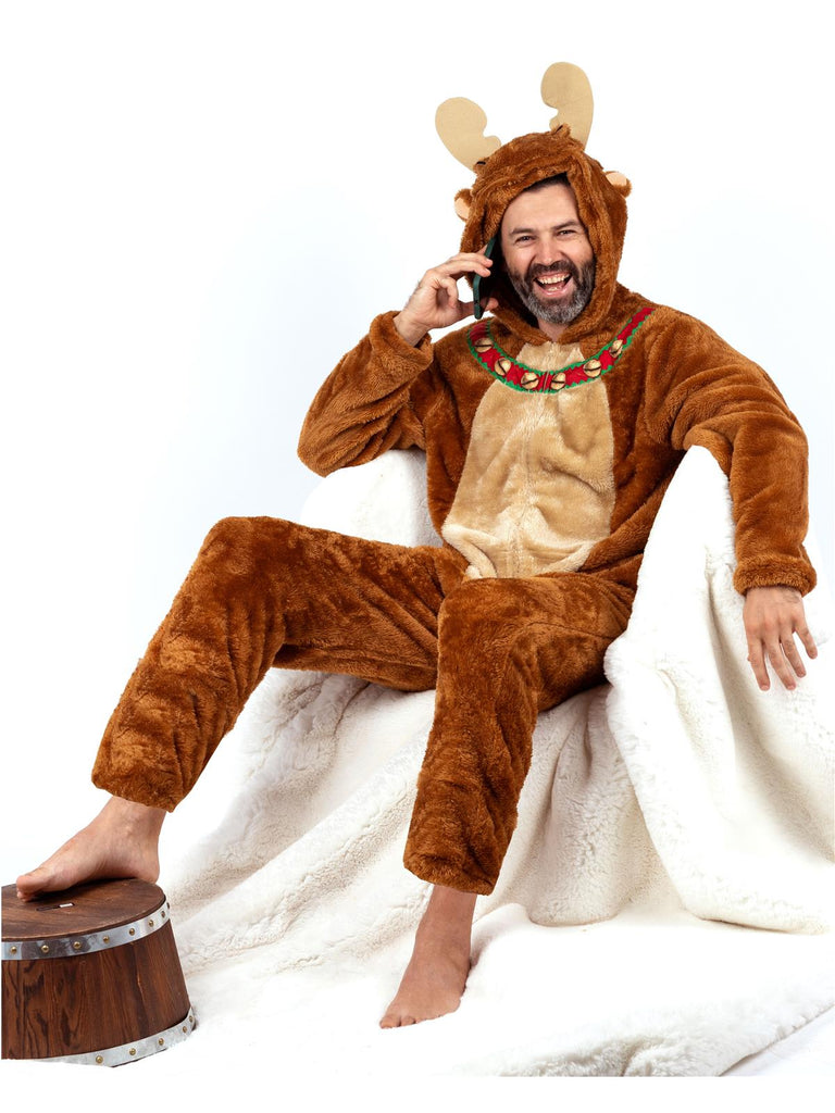 Men's Moose Faux Fur Christmas Pajama Union Suit One Piece
