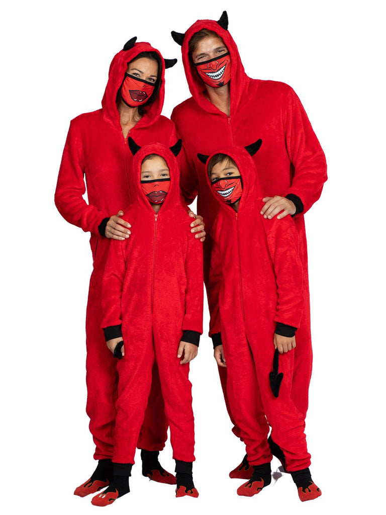 Family Devil Onesie Pajama Costume Union Suit Sleepwear With Hood, Mask, And Socks