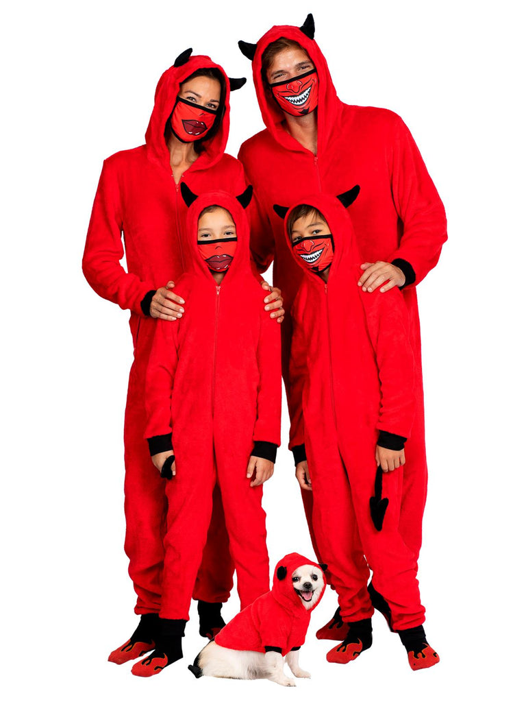 Family Devil Onesie Pajama Costume Union Suit Sleepwear With Hood, Mask, And Socks