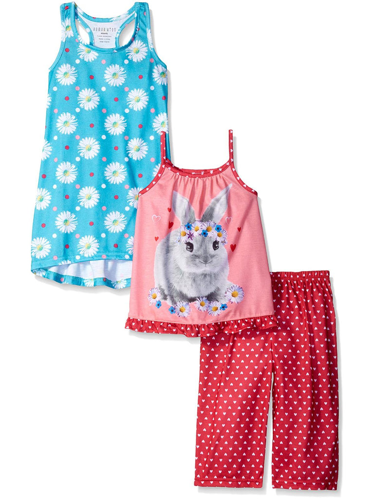 Komar Kids Girls' 3 Piece Rabbit Pajama Pant Set with Floral Gown