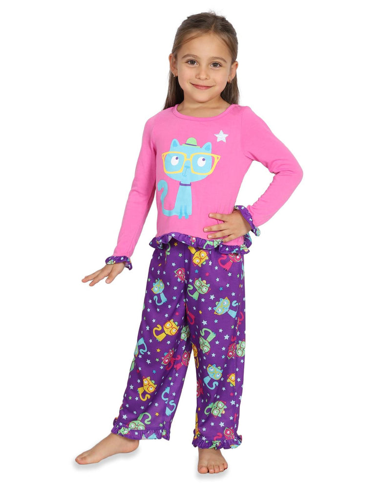 Komar Kids Girls' "Smarty Cat with Glasses" 2 Piece Ruffled Pajama Set