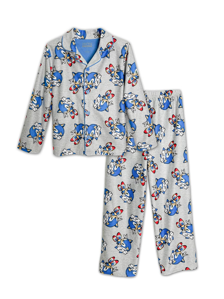 Sonic The Hedgehog Boys' Front Button Long Sleeve Coat Kids 2-Piece Pajama Set