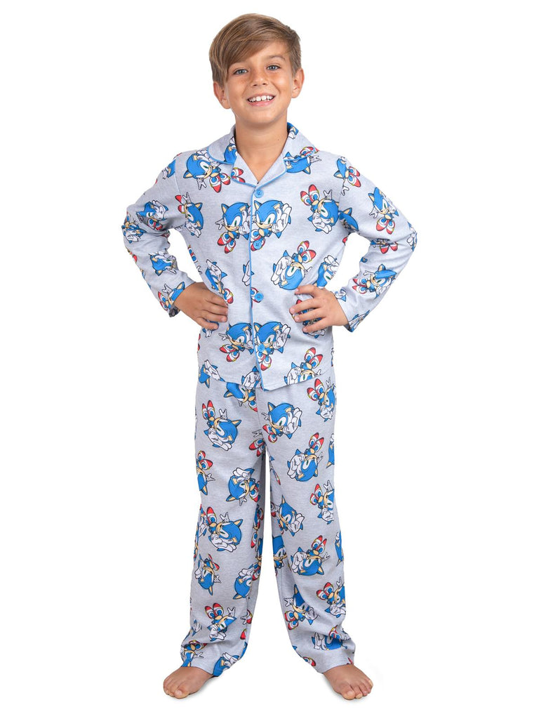 Sonic The Hedgehog Boys' Front Button Long Sleeve Coat Kids 2-Piece Pajama Set