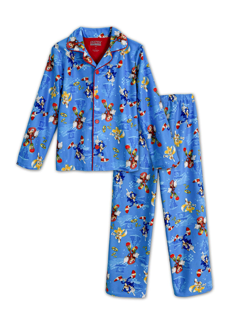 Sonic The Hedgehog Boys' Front Button Long Sleeve Coat Kids 2-Piece Pajama Set