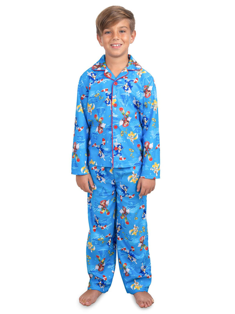 Sonic The Hedgehog Boys' Front Button Long Sleeve Coat Kids 2-Piece Pajama Set