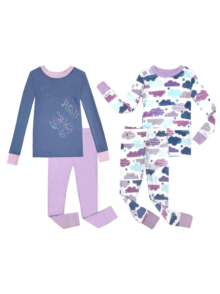 Prestigez Girls' Snug-Fit Organic Cotton 4 Piece Pajama Sleepwear Set, Clouds and Mermaid