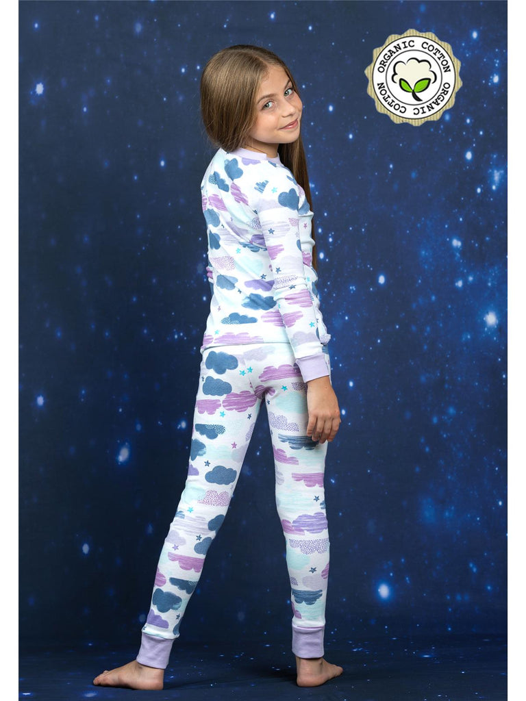 Prestigez Girls' Snug-Fit Organic Cotton 4 Piece Pajama Sleepwear Set, Clouds and Mermaid