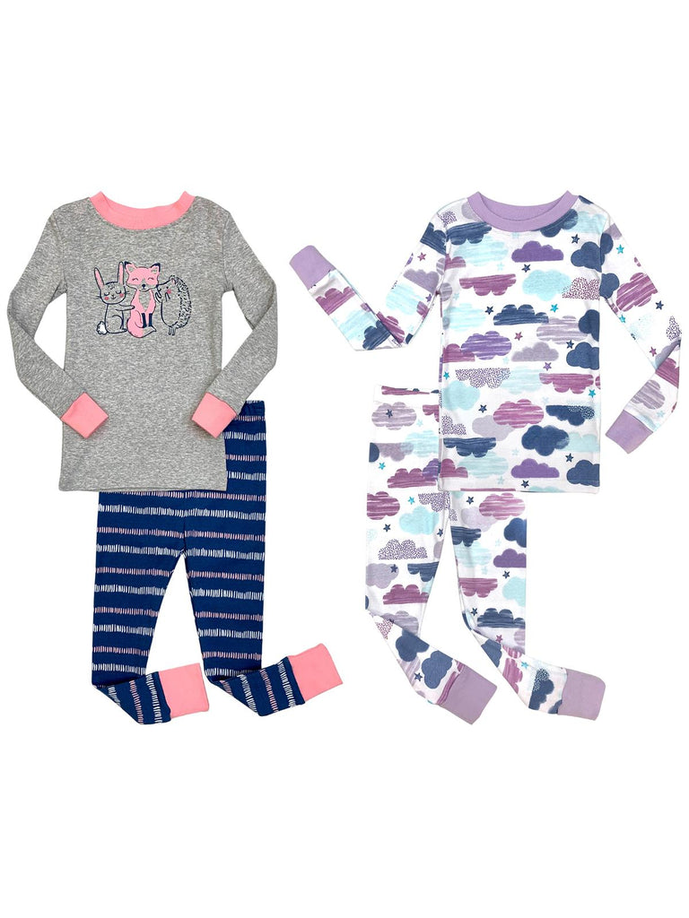 Prestigez Girls' Organic Cotton 4 Piece Pajama Sleepwear Set, Forest Friends and Clouds