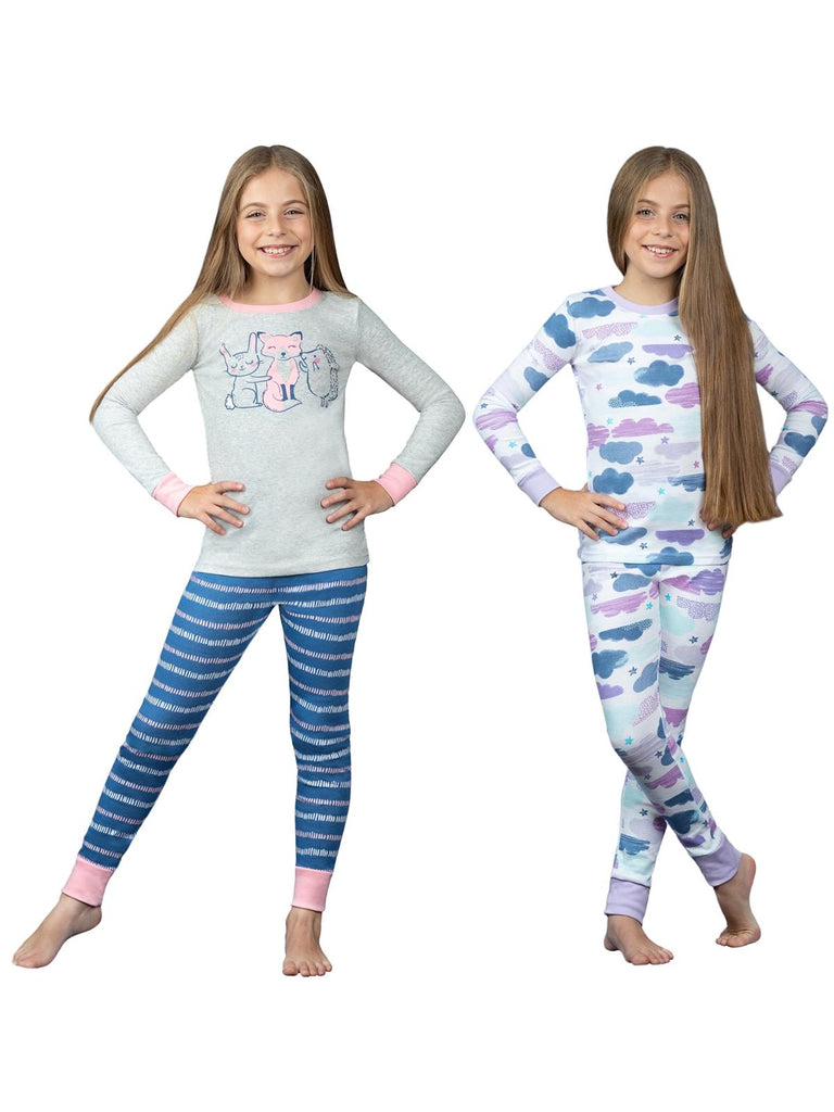 Prestigez Girls' Organic Cotton 4 Piece Pajama Sleepwear Set, Forest Friends and Clouds