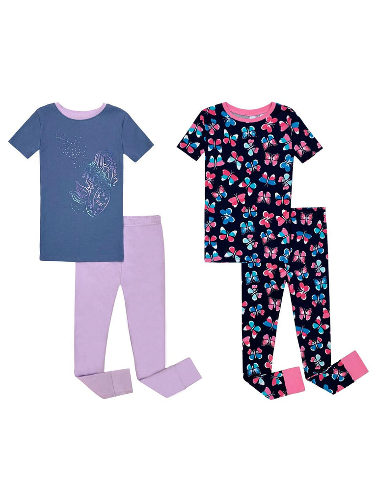 Prestigez Girls' Snug-Fit Organic Cotton 4 Piece Pajama Sleepwear Set, Mermaid/Butterfly