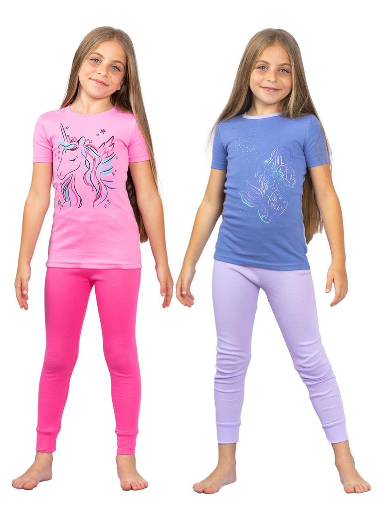 Prestigez Girls' Snug-Fit Organic Cotton 4 Piece Pajama Sleepwear Set, Unicorn/Mermaid