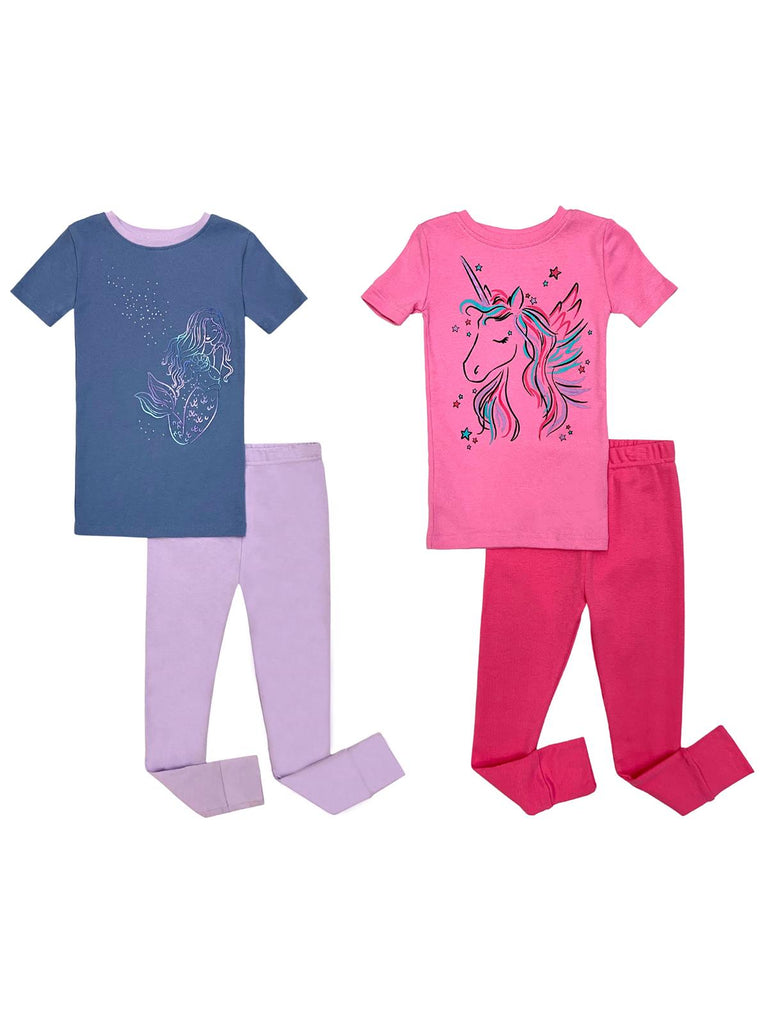 Prestigez Girls' Snug-Fit Organic Cotton 4 Piece Pajama Sleepwear Set, Unicorn/Mermaid