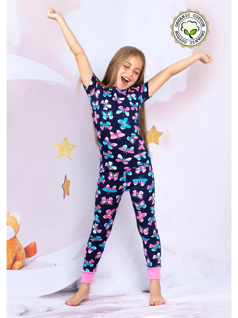 Prestigez Girls' Snug-Fit Organic Cotton 4 Piece Pajama Sleepwear Set, Unicorn/Butterfly