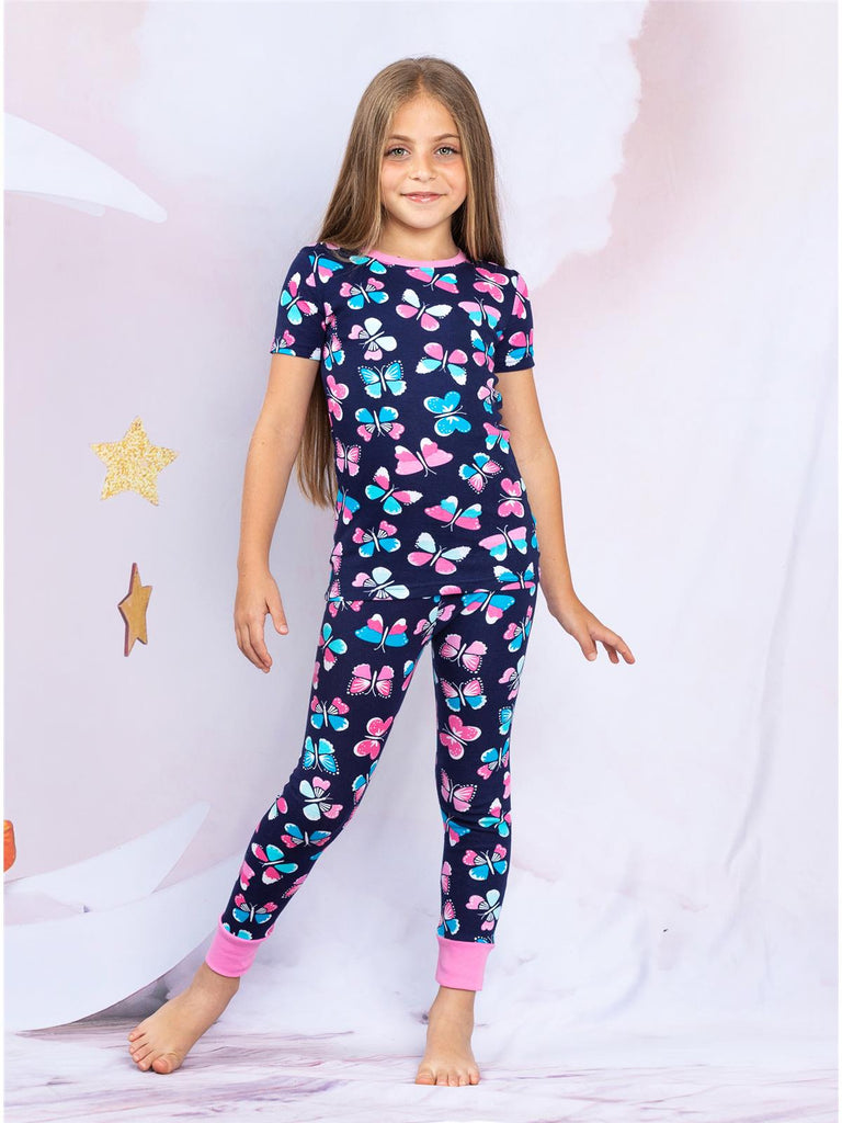 Prestigez Girls' Snug-Fit Organic Cotton 4 Piece Pajama Sleepwear Set, Unicorn/Butterfly