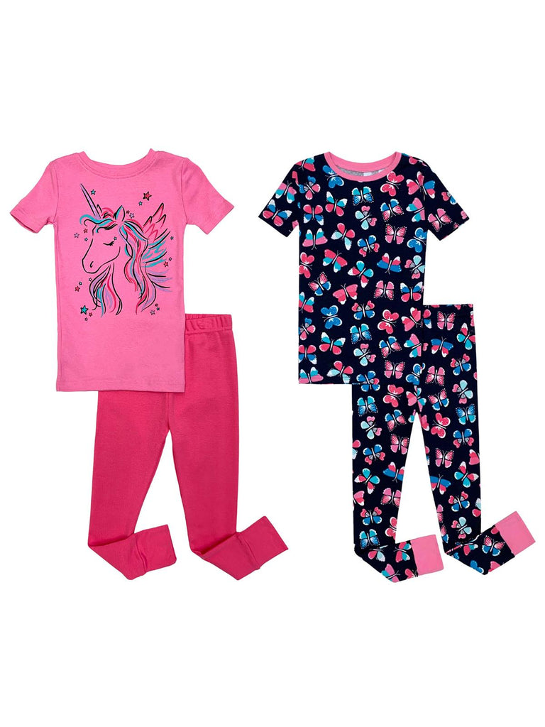 Prestigez Girls' Snug-Fit Organic Cotton 4 Piece Pajama Sleepwear Set, Unicorn/Butterfly