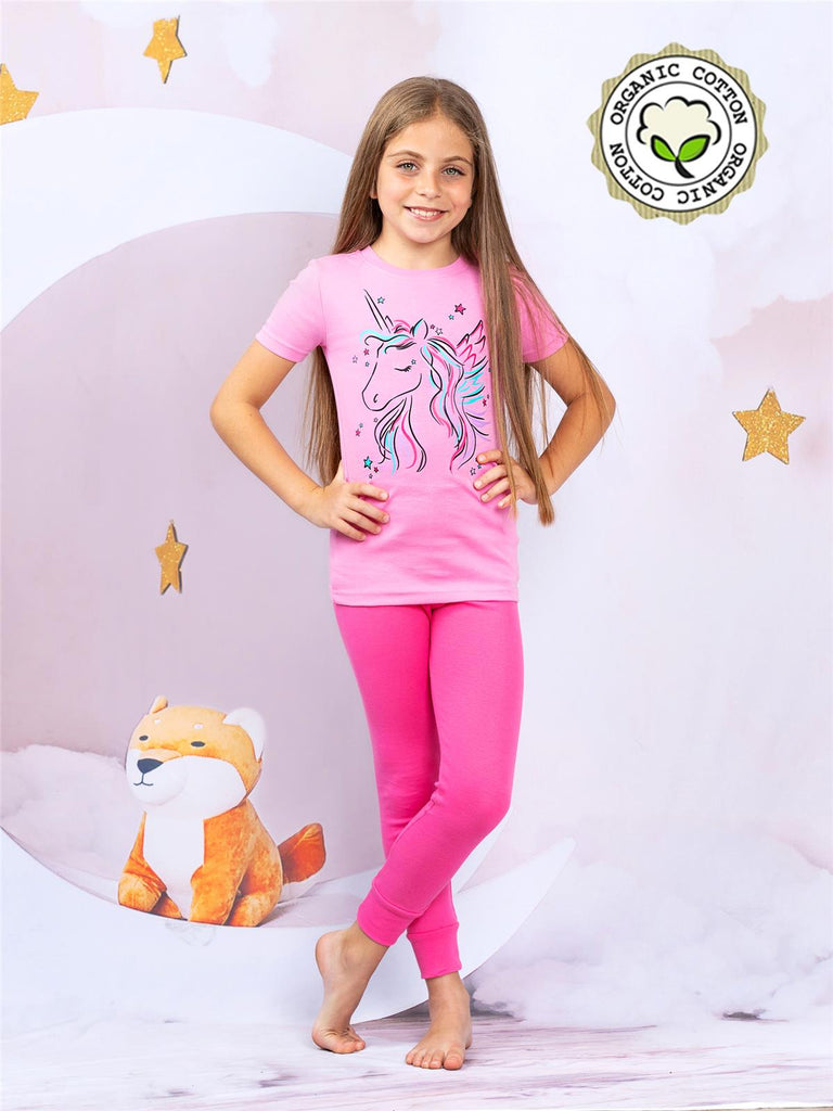 Prestigez Girls' Organic Cotton 2 Piece Pajama Set, Pink Unicorn
