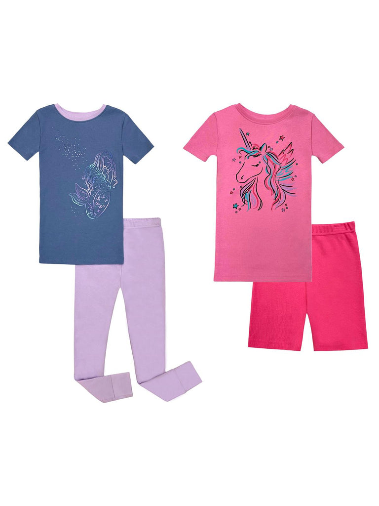 Prestigez Girls' Snug-Fit Organic Cotton 4 Piece Pajama Sleepwear Set, Unicorn Shorts/Mermaid