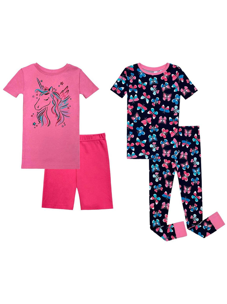 Prestigez Girls' Snug-Fit Organic Cotton 4 Piece Pajama Sleepwear Set, Unicorn Shorts/Butterfly