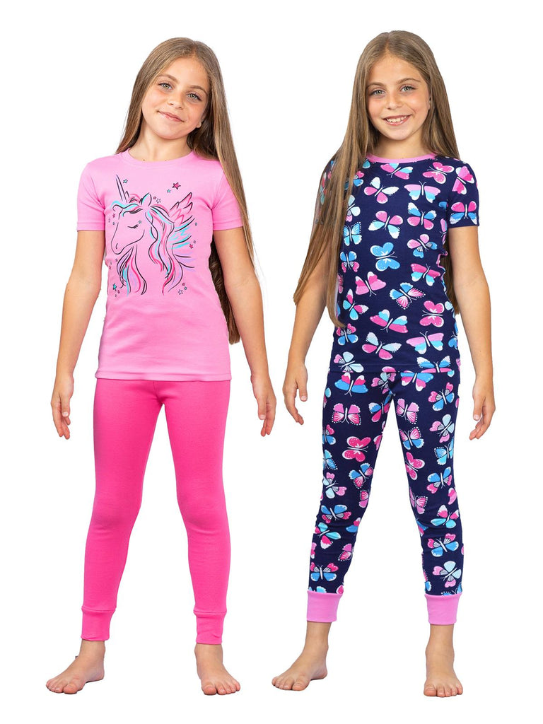 Prestigez Girls' Snug-Fit Organic Cotton 4 Piece Pajama Sleepwear Set, Unicorn Shorts/Butterfly