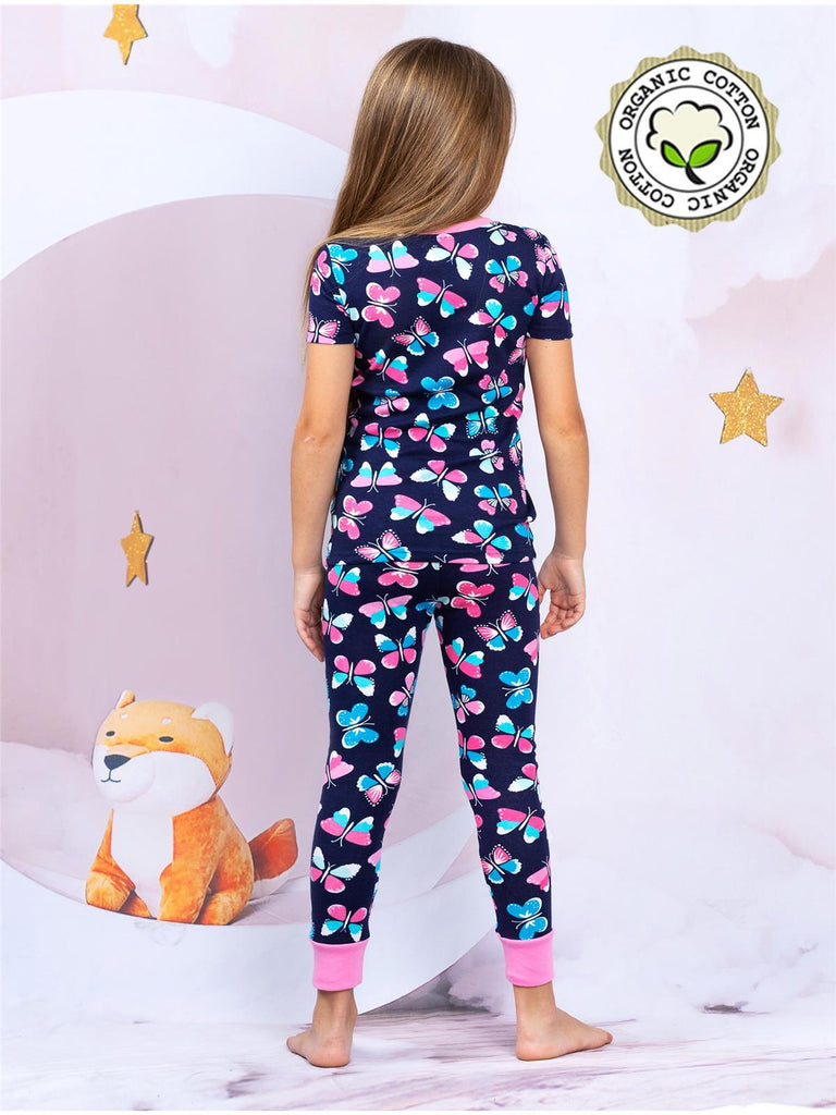 Prestigez Girls' Snug-Fit Organic Cotton 4 Piece Pajama Sleepwear Set, Unicorn Shorts/Butterfly