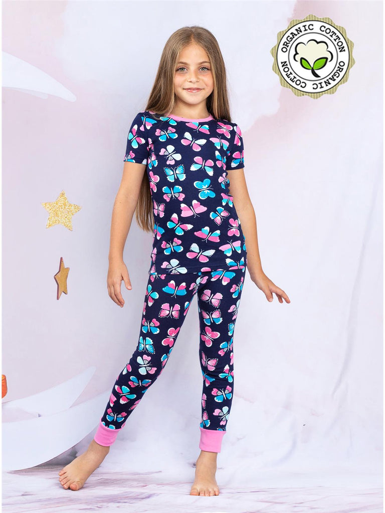 Prestigez Girls' Snug-Fit Organic Cotton 4 Piece Pajama Sleepwear Set, Unicorn Shorts/Butterfly