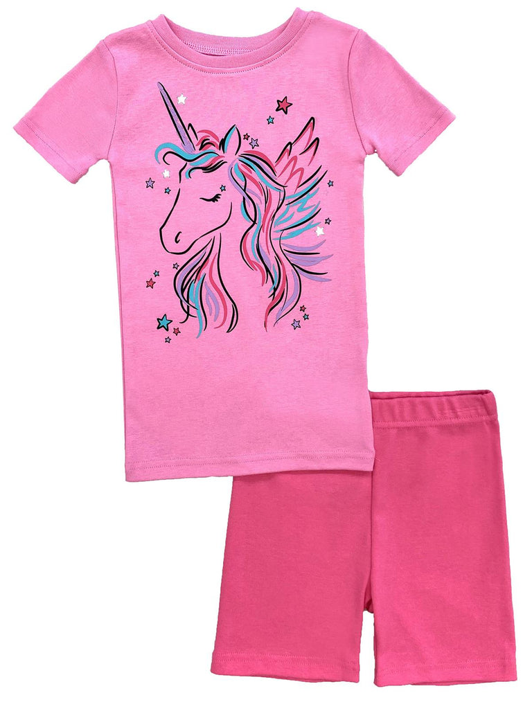 Prestigez Girls' Organic Cotton 2 Piece Pajama Set With Shorts Unicorn