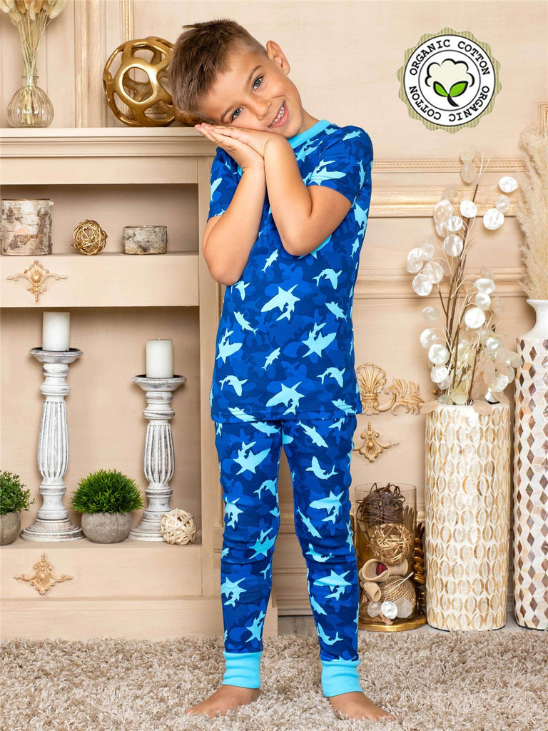Prestigez Boys' Organic Cotton 4 Piece Pajama Set, Shark w/ Shorts/Sharks
