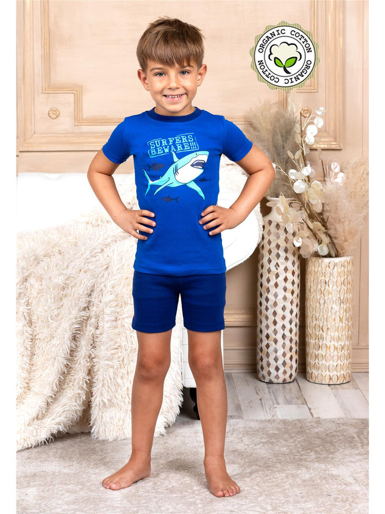 Prestigez Boys' Organic Cotton 2 Piece Pajama Set With Shorts Shark Surfers Beware