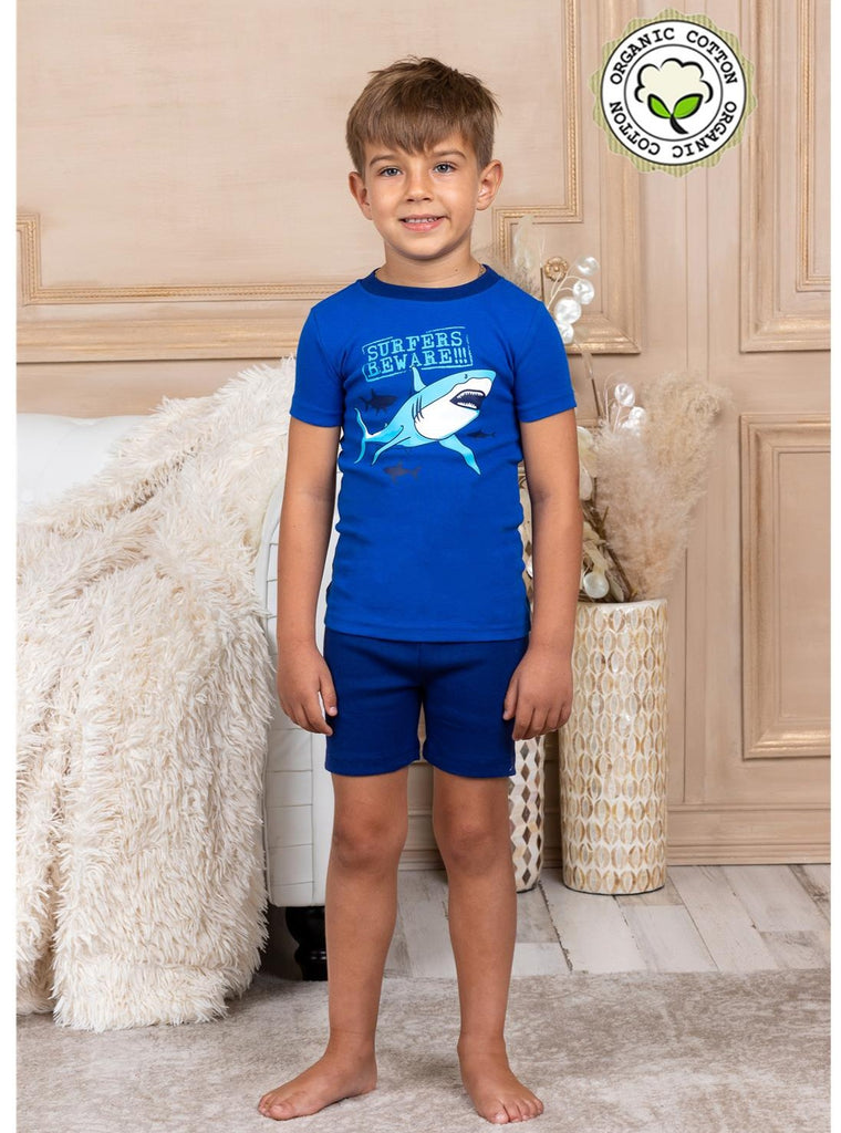 Prestigez Boys' Organic Cotton 2 Piece Pajama Set With Shorts Shark Surfers Beware